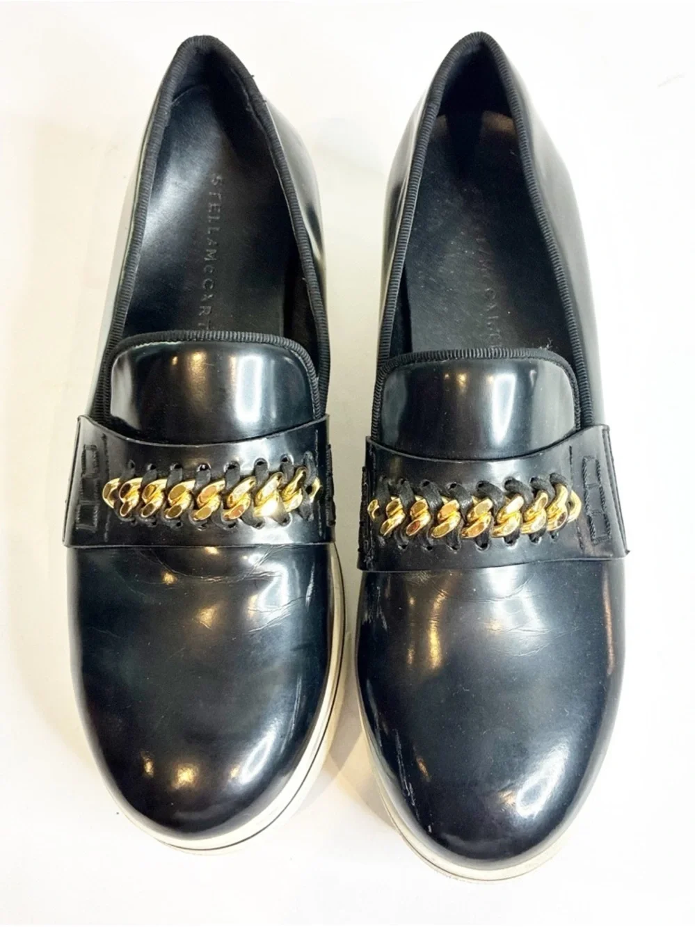 Stella McCartnery | Black Patent Leather Gold Chain Link Slip On Sneakers - Picture 1 of 5